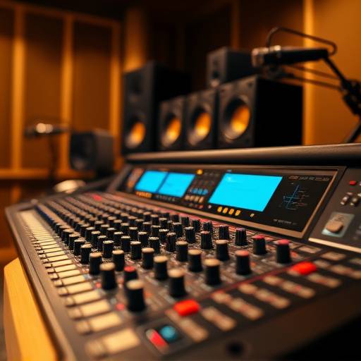 Close-up view of mixing console and audio equipment in the studio